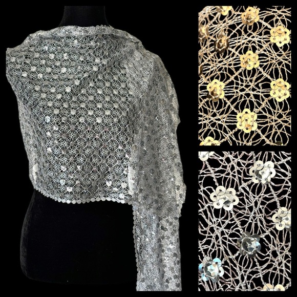Sequin Open Weave Scarf Evening Shawl Gold Silver - Picture 2 of 15